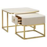 Tavolino da Salotto Bianco Marmo oro un Cassetto set da 2 Componibile 70x70x48h cm, Forma Quadrato - Davarere