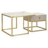Tavolino da Salotto Bianco Marmo oro un Cassetto set da 2 Componibile 70x70x48h cm, Forma Quadrato - Davarere