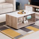 Tavolino da Salotto Bianco Marrone Noce con Ruote 2 Vani 101x60x45h cm, Forma Rettangolare - Giussano