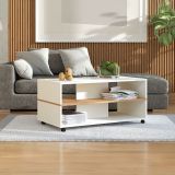 Tavolino da Salotto Bianco Marrone Rovere Nodi con Ruote 2 Vani 101x54.5x47.5h cm, Forma Rettangolare - Erice