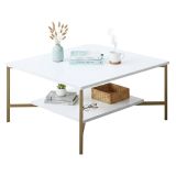 Tavolino da Salotto Bianco oro Piedini oro un Vano 80x80x40h cm, Forma Quadrata - Mia