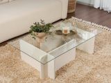 Tavolino da Salotto Bianco Portariviste Forma Rettangolare 105x65x30h cm, Materiale Piano in Vetro - Kallias