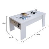 Tavolino da Salotto Bianco un Vano Piano Sollevabile 98x50x43h cm, Forma Rettangolare - Corallo