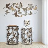 Tavolino da Salotto Grigio oro set da 2, Disegni con Farfalle Forma Rotondo 41x41x55h cm, Colore Ripiano Trasparente - Dhulik