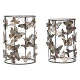 Tavolino da Salotto Grigio oro set da 2, Disegni con Farfalle Forma Rotondo 41x41x55h cm, Colore Ripiano Trasparente - Dhulik