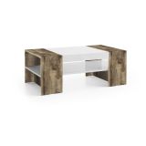 Tavolino da salotto Jonni, Tavolo basso da caffè, Mobiletto portariviste, 100% Made in Italy, cm 110x60h40, Bianco lucido e Acero