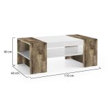 Tavolino da salotto Jonni, Tavolo basso da caffè, Mobiletto portariviste, 100% Made in Italy, cm 110x60h40, Bianco lucido e Acero