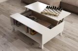 Tavolino da salotto Lincoln, Tavolino da caffè con piano elevabile, Tavolo basso da soggiorno, 100x68h38 cm, Bianco lucido e Rovere
