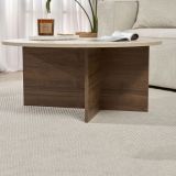 Tavolino da Salotto Marrone Noce Beige Marmo Forma Ovale Materiale Piano in Legno Nobilitato 90x90x40h cm, Colore Ripiano Beige - Simbario