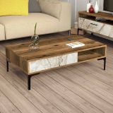 Tavolino da Salotto Marrone Noce Bianco Marmo Portariviste un Vano 105x60x33h cm, Forma Rettangolare - Gru
