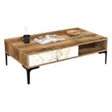 Tavolino da Salotto Marrone Noce Bianco Marmo Portariviste un Vano 105x60x33h cm, Forma Rettangolare - Gru