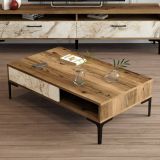 Tavolino da Salotto Marrone Noce Bianco Marmo Portariviste un Vano 105x60x33h cm, Forma Rettangolare - Gru