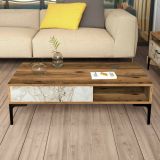Tavolino da Salotto Marrone Noce Bianco Marmo Portariviste un Vano 105x60x33h cm, Forma Rettangolare - Gru