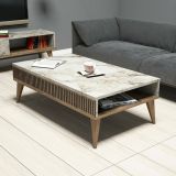 Tavolino da Salotto Marrone Noce Bianco Marmo Portariviste un Vano 105x60x35h cm, Forma Rettangolare - Atrani