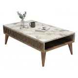 Tavolino da Salotto Marrone Noce Bianco Marmo Portariviste un Vano 105x60x35h cm, Forma Rettangolare - Atrani