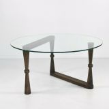 Tavolino da Salotto Marrone Noce Forma Rotonda Materiale Piano in Vetro 80x80x41h cm, Colore Ripiano Trasparente - Belvi