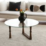 Tavolino da Salotto Marrone Noce Forma Rotonda Materiale Piano in Vetro 80x80x41h cm, Colore Ripiano Trasparente - Belvi