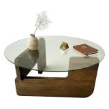 Tavolino da Salotto Marrone Noce Piano in Vetro Temperato Forma Rotondo 75x75x35h cm, Sfumatura Colore Struttura Noce - Cornalba