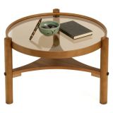 Tavolino da Salotto Marrone Noce un Vano Piano in Vetro Temperato 100x100x46h cm, Forma Rotondo - Canterano