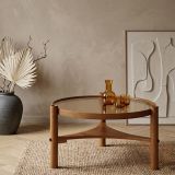 Tavolino da Salotto Marrone Noce un Vano Piano in Vetro Temperato 100x100x46h cm, Forma Rotondo - Canterano