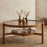 Tavolino da Salotto Marrone Noce un Vano Piano in Vetro Temperato 100x100x48h cm, Forma Rotondo - Olzai