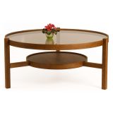 Tavolino da Salotto Marrone Noce un Vano Piano in Vetro Temperato 100x100x48h cm, Forma Rotondo - Olzai