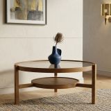 Tavolino da Salotto Marrone Noce un Vano Piano in Vetro Temperato 100x100x48h cm, Forma Rotondo - Olzai