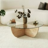 Tavolino da Salotto Marrone Rovere Forma Circolare Materiale Piano in Vetro 90x90x30h cm, Colore Ripiano Trasparente - Jolanda