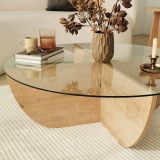 Tavolino da Salotto Marrone Rovere Forma Circolare Materiale Piano in Vetro 90x90x30h cm, Colore Ripiano Trasparente - Jolanda