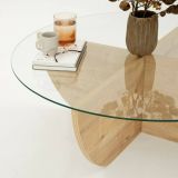 Tavolino da Salotto Marrone Rovere Forma Circolare Materiale Piano in Vetro 90x90x30h cm, Colore Ripiano Trasparente - Jolanda