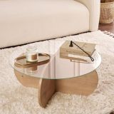 Tavolino da Salotto Marrone Rovere Forma Rotondo Materiale Piano in Vetro 75x75x35h cm, Colore Ripiano Trasparente - Cugnoli