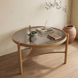 Tavolino da Salotto Marrone Rovere un Vano Piano in Vetro Temperato 100x100x46h cm, Forma Rotondo - Canterano