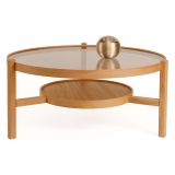 Tavolino da Salotto Marrone Rovere un Vano Piano in Vetro Temperato 100x100x48h cm, Forma Rotondo - Olzai