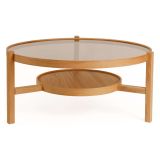 Tavolino da Salotto Marrone Rovere un Vano Piano in Vetro Temperato 100x100x48h cm, Forma Rotondo - Olzai