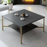 Tavolino da Salotto Nero Antracite oro Piedini oro un Vano 80x80x40h cm, Forma Quadrata - Mia