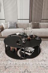 Tavolino da Salotto Nero set 3 Pezzi 3 Vani 70x70x38h cm, Forma Rotondo - Gignese
