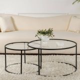 Tavolino da Salotto Nero set di 2 Tavolini Peso Massimo Supportato 10 kg Forma Rotonda 80x80x43h cm, Materiale Piano in Vetro - Aedion