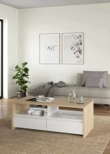 Tavolino da salotto Octavia, Tavolo basso da caffè, Portariviste per divano, Ripiano da soggiorno, 60x120 h46 cm, Rovere e Bianco