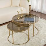 Tavolino da Salotto oro Bronzo set di 2 Tavolini Forma Circolare 80x80x43h cm, Materiale Struttura in Vetro - Aedion