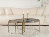 Tavolino da Salotto oro Bronzo set di 2 Tavolini Forma Circolare 80x80x43h cm, Materiale Struttura in Vetro - Aedion
