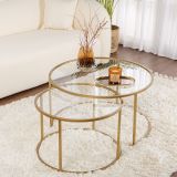 Tavolino da Salotto oro Piano in Vetro Temperato Forma Rotondo 80x80x43h cm, Materiale Piano in Vetro - Telti