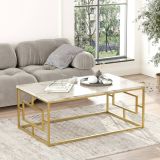 Tavolino da salotto rettangolare bianco marmo e oro 100x60x40h cm - Franca