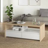 Tavolino salotto rettangolare rovere e bianco lucido 120x60x45h cm con 2 cassetti - Shote
