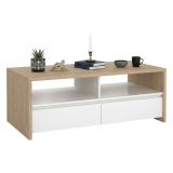 Tavolino salotto rettangolare rovere e bianco lucido 120x60x45h cm con 2 cassetti - Shote