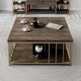 Tavolino soggiorno quadrato noce e oro 90x90x40h cm - Raiden