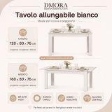 Tavolo Allungabile Bianco Opaco 8 Posti Allungabile 120x80x76h cm, Meccanismo Estensione Allunga Centrale - Marudo