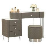 Toeletta Bianco Marmo Grigio Tortora 4 Cassetti Finitura Simil Pelle Trapuntata con Dettagli Argento, top Effetto Marmo 120x40x75h cm, - Tafrao