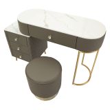 Toeletta Bianco Marmo Grigio Tortora 4 Cassetti Finitura Simil Pelle Trapuntata con Dettagli oro, top Effetto Marmo 120x40x75h cm, - Tafrao