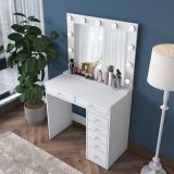 Toeletta Bianco Trasparente Specchio Incluso 7 Cassetti 90x45x153h cm, Luci Incluse - Cocchiara