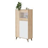 Vetrina Atlanta, Vetrinetta moderna a 3 ante, Credenza da soggiorno o salotto, Madia alta con ripiani, 77x33h142 cm, Rovere e Bianco
